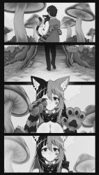 Rule 34 | 1boy, 1girl, 4koma, absurdres, animal ear fluff, animal ears, animal hands, bell, blush, breasts, cat ears, cat girl, cat paws, cat tail, cheshire cat (monster girl encyclopedia), cleavage, closed mouth, comic, commentary, crying, crying with eyes open, exit sign, film grain, giant mushroom, greyscale, hair between eyes, highres, hug, large breasts, long hair, looking at viewer, monochrome, monster girl, monster girl encyclopedia, multicolored hair, mushroom, nose blush, one eye closed, sad, short hair, symbol-only commentary, tail, tears, two-tone hair, wlper