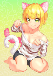 Rule 34 | 10s, 1girl, :q, animal ears, bare shoulders, barefoot, bike shorts, black shorts, blonde hair, blunt bangs, blush, bob cut, breasts, cat ears, cat tail, cleavage, clenched hands, collarbone, downblouse, eyebrows, eyelashes, gradient background, green eyes, highres, idolmaster, idolmaster cinderella girls, kemonomimi mode, long sleeves, miyamoto frederica, multiple tails, noname (metaldragonfly), off shoulder, paw pose, shirt, short hair, shorts, sitting, small breasts, solo, striped clothes, striped shirt, tail, tongue, tongue out