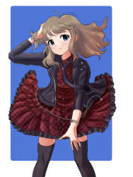 Rule 34 | 1girl, blonde hair, blue background, blue eyes, border, chain, dress, hand on own head, highres, idolmaster, idolmaster million live!, idolmaster million live! theater days, jacket, leaning forward, leather, leather jacket, long hair, necktie, outside border, red dress, simple background, suou momoko, tintme!, white border, yo hae you