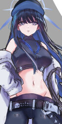 Rule 34 | 1girl, absurdres, bare shoulders, baseball cap, belt, black belt, black pants, black shirt, blue archive, blue hair, blue hat, breasts, coat, commentary request, cowboy shot, crop top, groin, hat, highres, large breasts, leggings, long hair, looking at viewer, midriff, navel, off shoulder, open clothes, open coat, pants, partial commentary, purple eyes, saori (blue archive), shirt, sketch, sleeveless, sleeveless shirt, solo, standing, stomach, very long hair, white coat, wimawi