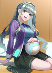 Rule 34 | 1girl, absurdres, arm support, ball, bandaged fingers, bandages, blazer, blue ribbon, blurry, blurry background, blush, collared shirt, grey hair, hairband, heaven burns red, highres, holding, holding ball, jacket, long hair, long sleeves, looking at viewer, mole, mole under mouth, murohushi risa, neck ribbon, nil (pixiv 53614557), on floor, open mouth, pleated skirt, purple eyes, ribbon, school uniform, shirt, sitting, skirt, smile, solo, twintails, very long hair, volleyball (object), yokozuwari