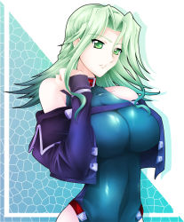 Rule 34 | 1girl, banpresto, bare shoulders, breasts, cleavage, collar, cropped jacket, green eyes, green hair, haganef, impossible clothes, jacket, lamia loveless, large breasts, leotard, long hair, matching hair/eyes, parted lips, solo, super robot wars, super robot wars original generation, upper body