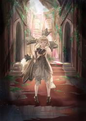 Rule 34 | 1girl, absurdres, altar, ankle boots, arms up, bare shoulders, blonde hair, blue eyes, blue gemstone, boots, brown dress, brown footwear, church, collarbone, commentary, cross, crying, crying with eyes open, dress, expressionless, floating hair, fumizuki lily, gem, highres, holding, holding cross, jewelry, large cross, light particles, light rays, looking at viewer, medium hair, original, overgrown, pendant, puffy short sleeves, puffy sleeves, red carpet, ribbon, ruins, short sleeves, solo, standing, stone floor, strapless, strapless dress, sunbeam, sunlight, tears, wide shot, window, wrist ribbon