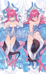 Rule 34 | 1girl, blade (galaxist), blue dress, blue footwear, blush, bow, breasts, commentary request, dress, elbow gloves, elizabeth bathory (cinderella rider) (fate), elizabeth bathory (fate), fate/grand order, fate (series), from above, gloves, hands up, high heels, horns, looking at viewer, lying, multiple views, nipples, on back, parted lips, pink bow, sample watermark, shoes, skindentation, small breasts, solo focus, tail, thighhighs, watermark, white gloves, white thighhighs