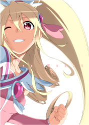 Rule 34 | 1girl, aida mana, blonde hair, brooch, character name, choker, clenched hand, cure heart, curly hair, dokidoki! precure, grin, hair ornament, half updo, heart, heart brooch, heart hair ornament, jewelry, long hair, magical girl, one eye closed, pink eyes, ponytail, precure, smile, solo, white background, wink, yuuzii