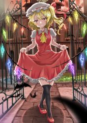 Rule 34 | 1girl, ascot, blonde hair, clothes lift, curtsey, dress, dress lift, flandre scarlet, grin, hat, highres, lifted by self, lobstrater64, looking at viewer, mob cap, puffy sleeves, red footwear, scarlet devil mansion, skirt, skirt basket, skirt hold, skirt lift, smile, solo, thighhighs, touhou, wings, wrist cuffs