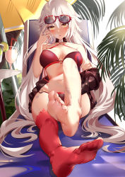 Rule 34 | absurdres, asymmetrical legwear, bare shoulders, beach chair, beach umbrella, bikini, black bikini, black jacket, blush, breasts, chinese commentary, collarbone, commentary request, eyewear on head, fate/grand order, fate (series), feet, foot focus, foreshortening, twirling hair, halterneck, head tilt, highres, jacket, jeanne d&#039;arc alter (swimsuit berserker) (fate), jeanne d&#039;arc (fate), jeanne d&#039;arc alter (fate), jeanne d&#039;arc alter (swimsuit berserker) (fate), legs, long hair, looking at viewer, medium breasts, navel, o-ring, o-ring bikini, o-ring top, off shoulder, outdoors, palm leaf, reclining, red thighhighs, silver hair, single thighhigh, sitting, soles, solo, stomach, sunglasses, swimsuit, thighhighs, toes, tropical drink, umbrella, uneven legwear, very long hair, water, wet, xiaoshan jiang, yellow eyes