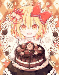 Rule 34 | 1girl, bell, blonde hair, bow, cake, chocolate cake, christmas, fang, food, hair bell, hair bow, hair ornament, highres, looking at viewer, open mouth, red bow, red eyes, ro.ro, rumia, shirt, short hair, solo, touhou, white shirt