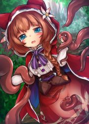 Rule 34 | 1girl, animal hood, blue eyes, braid, brown hair, cape, censored, clothed sex, forest, frilled skirt, frills, grimms echoes, highres, hood, hood up, hooded cape, little red riding hood (grimms echoes), long hair, long sleeves, nature, no panties, rape, red cape, restrained, shirt, skirt, tears, tentacles, tentacles, tentacles under clothes, touko olivia, tree, white shirt, x-ray
