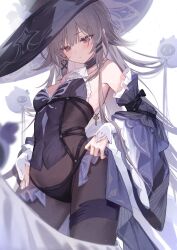 1girl black_dress black_hat blush breasts clouble cowboy_shot detached_sleeves dress flower grey_hair hat hat_flower herta_(honkai:_star_rail) the_herta_(honkai:_star_rail) highres honkai:_star_rail honkai_(series) jewelry key key_necklace long_hair long_sleeves necklace purple_eyes simple_background small_breasts solo strapless strapless_dress the_herta_(honkai:_star_rail) white_background wide_sleeves witch_hat