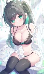 Rule 34 | 1girl, ahoge, black bra, black panties, black thighhighs, blush, bow, bow bra, bow panties, bra, braid, breasts, cleavage, collarbone, colored inner hair, curtains, green bow, green eyes, green hair, highres, large breasts, leaf, lingerie, long hair, looking at viewer, mikaze oto, multicolored hair, navel, open clothes, open shirt, original, panties, parted lips, pillow, shirt, sitting, solo, thighhighs, underwear, white shirt