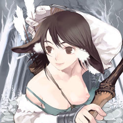 Rule 34 | 1girl, animal ears, arrow (projectile), bow (weapon), breast slip, breasts, brown eyes, brown hair, holding, holding bow (weapon), holding weapon, nipples, one breast out, original, smile, solo, torn clothes, weapon