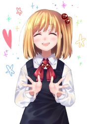 Rule 34 | 1girl, anarogumaaa, black dress, blonde hair, blouse, dress, closed eyes, hair bobbles, hair ornament, light smile, open mouth, outstretched hand, palms, rumia, shirt, short hair, side ponytail, solo, touhou, white shirt