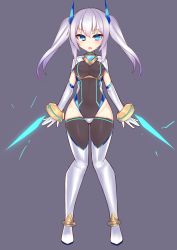 Rule 34 | 1girl, :o, blue eyes, blush, boots, bracelet, breasts, bright pupils, celestia quartz, covered navel, energy blade, full body, gloves, gluteal fold, gold bracelet, grey background, groin, hair ornament, highres, jewelry, kutan, leotard, long hair, medium breasts, original, simple background, solo, standing, thigh boots, thighhighs, twintails, white footwear, white gloves, white hair, white pupils