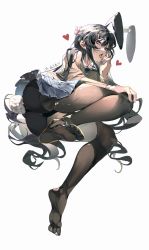 Rule 34 | 1girl, animal ears, ass, ass focus, black hair, black lips, blue skirt, blush, brown pantyhose, rabbit hair ornament, fake animal ears, fake tail, feet, fingernails, from below, grey background, hair between eyes, hair ornament, hand on own knee, heart, highres, long hair, looking at viewer, no shoes, open mouth, original, pantyhose, purple eyes, rabbit ears, rabbit tail, saliva, saliva trail, simple background, skirt, solo, tail, teeth, tongue, transparent, z3zz4