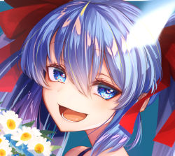 Rule 34 | 1girl, aqua background, bare shoulders, blue eyes, blue hair, blush, bouquet, cluseller, cropped, daisy, digitan, female focus, flower, hair ribbon, happy, light blush, long hair, looking to the side, open mouth, original, portrait, red ribbon, ribbon, simple background, smile, solo, teeth, tongue, twintails, white flower