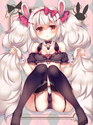Rule 34 | 1girl, animal ears, azur lane, bare shoulders, black panties, black thighhighs, blush, bow, breasts, cameltoe, chestnut mouth, collarbone, commentary request, crop top, detached sleeves, garter straps, hair between eyes, hair bow, hairband, highres, laffey (azur lane), long hair, panties, parted lips, puffy short sleeves, puffy sleeves, rabbit ears, red bow, red eyes, red hairband, red ribbon, revision, ribbon, short sleeves, silver hair, small breasts, solo, suzunone rena, thighhighs, twintails, underwear, very long hair, wrist cuffs