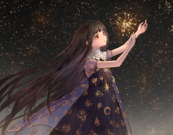 Rule 34 | 1girl, arms up, black dress, black hair, blunt bangs, commentary, dress, expressionless, io (io oekaki), long hair, night, night sky, object floating above hand, original, parted lips, red eyes, see-through, see-through dress layer, see-through sleeves, short sleeves, sky, solo, star (sky), starry sky, upper body, very long hair