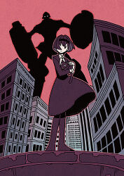 Rule 34 | 1girl, animal, big o (mecha), black cat, black dress, black eyes, black hair, black hairband, bob cut, cat, city, closed mouth, collared dress, dress, expressionless, film grain, full body, hairband, highres, holding, holding animal, holding cat, long sleeves, looking at viewer, mecha, one eye covered, outdoors, outline, pantyhose, pink outline, pink sky, r dorothy wayneright, robot, short hair, sky, solo, standing, tenteko mai51, the big o