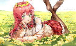 Rule 34 | 1girl, absurdres, ahoge, bell, blush, bow, bowtie, brown cardigan, brown thighhighs, cardigan, collared shirt, crossed ankles, feet up, field, flower, flower field, frilled skirt, frills, green eyes, hair flower, hair ornament, head wreath, highres, hololive, jingle bell, long hair, long sleeves, looking at viewer, lying, neck bell, no shoes, off shoulder, on stomach, open cardigan, open clothes, open mouth, pink hair, plaid, plaid skirt, red bow, red bowtie, red skirt, sakura miko, sakura miko (casual), shirt, skirt, smile, soles, solo, syafa, the pose, thighhighs, virtual youtuber, white shirt, yellow flower