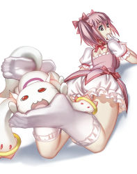 Rule 34 | 10s, 1girl, :3, back, bow, bubble skirt, choker, feet, foot on head, frills, from below, full body, hair bow, head rest, highres, jewelry, kaname madoka, kneehighs, kyubey, lying, magical girl, mahou shoujo madoka magica, mahou shoujo madoka magica (anime), no shoes, on stomach, pink bow, pink eyes, pink hair, pink ribbon, puffy short sleeves, puffy sleeves, ribbon, ring, short sleeves, simple background, skirt, smile, socks, soles, streamingsun, toes, twintails, white background, white socks