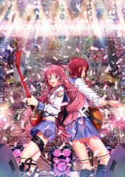 Rule 34 | 10s, 2girls, angel beats!, back-to-back, confetti, fang, guitar, highres, instrument, iwasawa masami, jewelry, long hair, multiple girls, nagareboshi, open mouth, pink eyes, pink hair, red eyes, red hair, ribbon, school uniform, sleeves rolled up, yui (angel beats!)