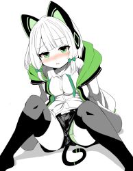 Rule 34 | 1girl, animal ear headphones, blue archive, cat ear headphones, cat tail, collarbone, commentary request, fake animal ears, green eyes, headphones, highres, jacket, looking at viewer, midori (blue archive), open mouth, panties, pantyshot, ribbon, school uniform, shiro9jira, short hair, shorts, sitting, tail, thighhighs, underwear, upshorts, white background