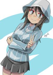 Rule 34 | 1girl, absurdres, artist name, blue hat, blue shirt, brown eyes, brown hair, closed mouth, commentary, cowboy shot, crossed arms, dress shirt, dutch angle, girls und panzer, grey skirt, hat, highres, keizoku school uniform, kuroneko douji, long hair, long sleeves, looking at viewer, mika (girls und panzer), miniskirt, pleated skirt, school uniform, shirt, signature, skirt, smile, solo, standing, striped clothes, striped shirt, tulip hat, v, vertical-striped clothes, vertical-striped shirt, white shirt, wing collar