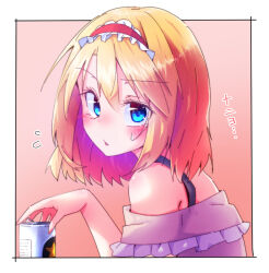 Rule 34 | 1girl, alice margatroid, alternate costume, beer can, blonde hair, blue eyes, blush, can, dondyuruma, drink can, flying sweatdrops, frilled hairband, frills, hairband, lolita hairband, looking at viewer, medium hair, red hairband, solo, sweatdrop, touhou, translation request