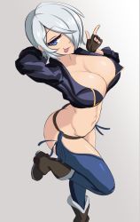 Rule 34 | angel (kof), blue eyes, boots, breasts, cleavage, cowboy boots, gloves, highres, jacket, large breasts, navel, the king of fighters, tongue, tongue out, white hair