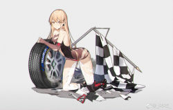 Rule 34 | 1girl, arched back, black footwear, boots, breasts, brown eyes, checkered flag, earrings, elbow gloves, fingerless gloves, flag, flat tire, full body, girls&#039; frontline, gloves, grey background, hair ornament, jewelry, kneeling, light brown hair, long hair, looking at viewer, medium breasts, official alternate costume, piercing, pliers, ppk (girls&#039; frontline), ppk (mach tempest) (girls&#039; frontline), race queen, simple background, smile (mm-l), solo, thigh boots, thighhighs, tire, torn clothes, weibo watermark, wet, white thighhighs, wrench