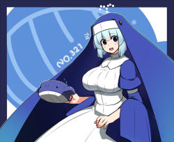 Rule 34 | 1girl, blue eyes, blue hair, blush, breasts, creatures (company), cup, female focus, game freak, gen 3 pokemon, habit, large breasts, looking at viewer, matching hair/eyes, mug, nintendo, open mouth, personification, pokedex number, pokemon, pokemon (creature), smile, totosu, wailmer, wailord