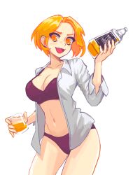 Rule 34 | 1girl, :d, alcohol, bottle, bra, breasts, cleavage, cup, fang, hcnone, holding, holding bottle, holding cup, large breasts, looking at viewer, medium breasts, midriff, navel, open clothes, open mouth, orange hair, original, panties, revision, shirt, short hair, simple background, smile, solo, standing, underwear, whiskey, whiskey (hcnone), white background, white shirt, yellow eyes