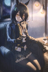 Rule 34 | 1girl, ahoge, black gloves, black hair, black jacket, black pantyhose, black shirt, black skirt, card, coffee, coffee cup, collared shirt, couch, cup, disposable cup, ear piercing, full moon, gloves, hair between eyes, highres, holding, holding card, holding cup, horse girl, jacket, long bangs, long hair, looking at viewer, manhattan cafe (umamusume), moon, necktie, pantyhose, piercing, pleated skirt, rang c, shirt, sitting, skirt, solo, tsurime, umamusume, white shirt, yellow eyes, yellow necktie