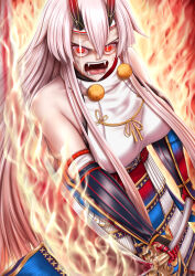 Rule 34 | 1girl, absurdres, anger vein, angry, armor, bare shoulders, breasts, collarbone, drummeratti2, fangs, fate/grand order, fate (series), fire, flaming weapon, glowing, glowing eyes, grey eyes, hair between eyes, highres, horns, japanese armor, kote, large breasts, long hair, looking at viewer, naginata, oni, oni horns, open mouth, polearm, red eyes, red horns, sidelocks, solo, tomoe gozen (fate), very long hair, weapon