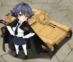 Rule 34 | 10s, 1girl, anzio school uniform, belt, black belt, black cape, black footwear, black hair, black skirt, braid, brown eyes, cape, carro veloce cv-33, closed eyes, day, dress shirt, emblem, full body, girls und panzer, hands on own hips, loafers, long sleeves, looking at viewer, military, military vehicle, miniskirt, motor vehicle, outdoors, pantyhose, pepperoni (girls und panzer), pleated skirt, ruka (piyopiyopu), school uniform, shadow, shirt, shoes, short hair, side braid, skirt, smirk, solo, standing, tank, v-shaped eyebrows, white pantyhose, white shirt