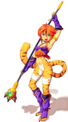 Rule 34 | 1girl, animal ears, armlet, bad id, bad pixiv id, bottomless, breath of fire, breath of fire ii, cat ears, cat tail, facial mark, full body, green eyes, hair between eyes, highres, metata, no pants, paw stick, rinpoo chuan, short hair, simple background, staff, standing, tail, teeth, upper teeth only, white background
