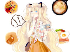 Rule 34 | 1girl, animal ears, bacon, bag, bare shoulders, blonde hair, blue eyes, casual, cat ears, character request, egg, food, handbag, highres, long hair, md5 mismatch, open mouth, pancake, resolution mismatch, saliva, seeu, skirt, solo, source smaller, thinking, vient, vocaloid