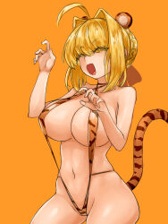 Rule 34 | :d, ahoge, animal ears, animal print, blonde hair, braid, breasts, claw pose, closed eyes, fate/extra, fate (series), french braid, hair intakes, highres, large breasts, navel, nero claudius (fate), nero claudius (fate) (all), open mouth, slingshot swimsuit, smile, steamingtofu, swimsuit, tail, tiger ears, tiger print, tiger tail