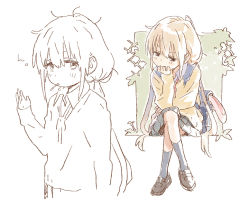Rule 34 | 1girl, :/, arm at side, backpack, bag, beige cardigan, blonde hair, blue bag, brown eyes, brown footwear, cardigan, closed mouth, crossed legs, elbow rest, expressionless, from side, full body, futaba anzu, grey skirt, grey socks, hair between eyes, half-closed eyes, hand on lap, hand up, head rest, idolmaster, idolmaster cinderella girls, kneehighs, leaning forward, loafers, long hair, long sleeves, looking at viewer, looking to the side, low twintails, matsuo yuusuke, mouth hold, multiple views, neck ribbon, partially colored, pleated skirt, red neckwear, ribbon, school uniform, shoes, sidelocks, simple background, skirt, sleeves past wrists, socks, standing, tareme, twintails, upper body, very long hair, waving, white background, wing collar, yellow cardigan