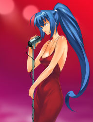 Rule 34 | 00s, 1girl, a1 (initial-g), absurdres, blue eyes, blue hair, breasts, dress, female focus, gradient background, hayase mitsuki, highres, jewelry, kimi ga nozomu eien, long hair, matching hair/eyes, microphone, microphone stand, necklace, ponytail, solo, standing, very long hair