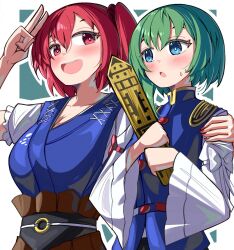 Rule 34 | 2girls, asymmetrical hair, blue eyes, blush, breasts, cleavage, commentary, epaulettes, green background, green eyes, highres, holding, large breasts, looking at viewer, medium breasts, multiple girls, no headwear, obi, onozuka komachi, open mouth, outline, red eyes, red hair, rod of remorse, sash, shiki eiki, simple background, small breasts, spam (spamham4506), touhou, two side up, upper body, v, white background, white outline
