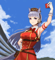 Rule 34 | 1girl, absurdres, animal ears, arm up, armband, armpits, bag, belt, black belt, blue sky, blunt bangs, bow, bowtie, closed mouth, cloud, cloudy sky, commentary, day, dress, gloves, gold ship (umamusume), grey hair, hand on own hip, hat, high collar, highres, holding, horse ears, horse girl, horse tail, kabochima, long hair, looking at viewer, outdoors, pillbox hat, purple eyes, red bow, red bowtie, red dress, rubik&#039;s cube, satchel, sky, sleeveless, sleeveless dress, smirk, solo, standing, tail, umamusume, white gloves