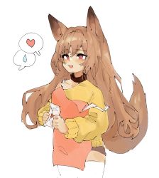 Rule 34 | 1girl, :d, absurdres, alternate costume, animal ears, apron, arknights, bare shoulders, brown apron, brown hair, ceobe (arknights), collarbone, cropped torso, envelope, fang, hair between eyes, heart, highres, holding, holding envelope, letter, long hair, love letter, open mouth, red eyes, shirt, simple background, smile, soda (sod4), solo, spoken heart, spoken sweatdrop, sweatdrop, tail, very long hair, white background, yellow shirt