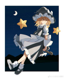 Rule 34 | 1girl, :|, absurdres, anshi (6580431260), apron, black footwear, black hat, black skirt, black vest, blonde hair, bow, braid, broom, broom riding, chinese commentary, closed mouth, commentary, crescent moon, expressionless, frilled skirt, frills, full body, hair between eyes, hair bow, hat, hat bow, highres, kirisame marisa, looking afar, mary janes, moon, outdoors, puffy short sleeves, puffy sleeves, shirt, shoes, short sleeves, single braid, skirt, sky, socks, solo, star (sky), star (symbol), starry sky, touhou, vest, waist apron, white apron, white bow, white shirt, white socks, witch hat, yellow eyes