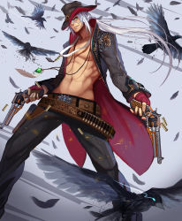 Rule 34 | 00s, 1boy, bird, builts, bullet, coat, cowboy hat, dnf, dungeon and fighter, feathers, full body, green eyes, groin, gun, gunner (sekaiju), gunner (dungeon and fighter), handgun, hat, jewelry, long hair, looking at viewer, male focus, necklace, open clothes, open coat, pistol, ponytail, ranger, ranger (dungeon and fighter), raven, crow, revolvers, shell casing, topless male, solo, weapon, white hair, xiaoshou xiansheng