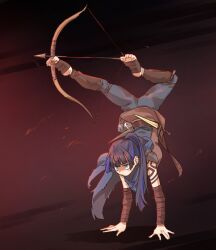 Rule 34 | 1girl, absurdres, arm tattoo, arrow (projectile), bandaged arm, bandages, blue eyes, blue hair, blunt bangs, blunt ends, bow (weapon), brmameng, dagger, earrings, foot wraps, full body, hair intakes, handstand, highres, hololive, hololive english, jewelry, knife, ouro kronii, ponytail, solo, tattoo, virtual youtuber, weapon