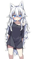 Rule 34 | 1girl, absurdres, animal ear fluff, animal ears, black shirt, blue eyes, breasts, closed mouth, expressionless, highres, long hair, medium breasts, no pants, off shoulder, original, oversized clothes, oversized shirt, shiren (utumu), shirt, short sleeves, single bare shoulder, very long hair, white background, white hair