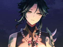 Rule 34 | 1boy, arm tattoo, armor, bare shoulders, black hair, blue sky, closed mouth, cloud, cloudy sky, diamond (shape), eyes visible through hair, genshin impact, gold, green hair, hair between eyes, highres, jewelry, light, looking at viewer, male focus, mandarin collar, multicolored hair, necklace, night, night sky, outdoors, pearl necklace, shirt, short hair, shoulder armor, sidelocks, sky, sleeveless, sleeveless shirt, solo, star (sky), starry sky, symbol-shaped pupils, tassel, tattoo, two-tone hair, uro (urooooboe), xiao (genshin impact), yellow eyes