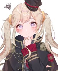 Rule 34 | 1girl, nanashi inc., blonde hair, blush, closed mouth, clothing request, expressionless, facial mark, hat, highres, komori met, long hair, long sleeves, purple eyes, shain, solo, twintails, v ap art, virtual youtuber, wavy hair, white background